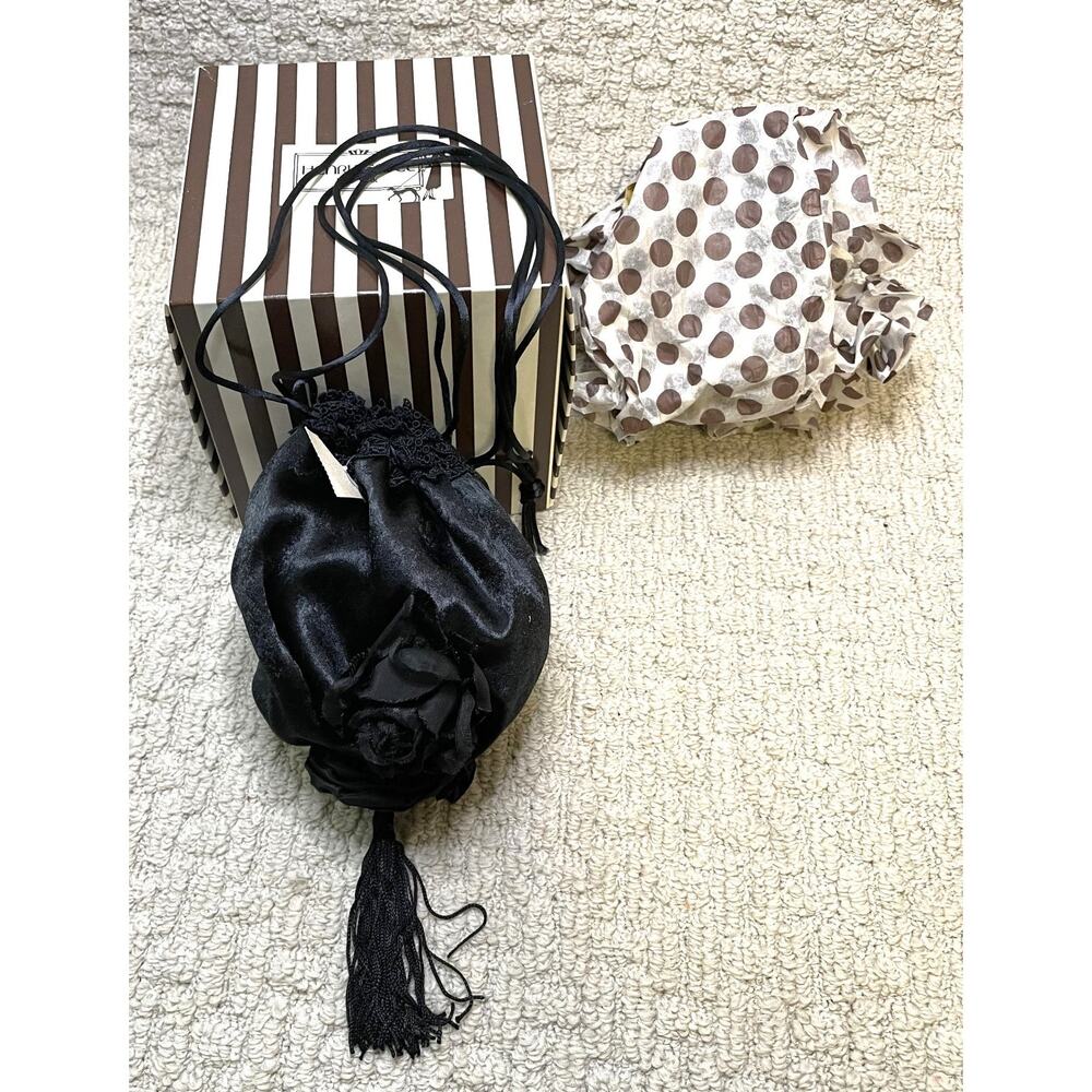 VTG Louise Green Black Silk Drawstring Evening Bag NWT Box Floral Lace Trim